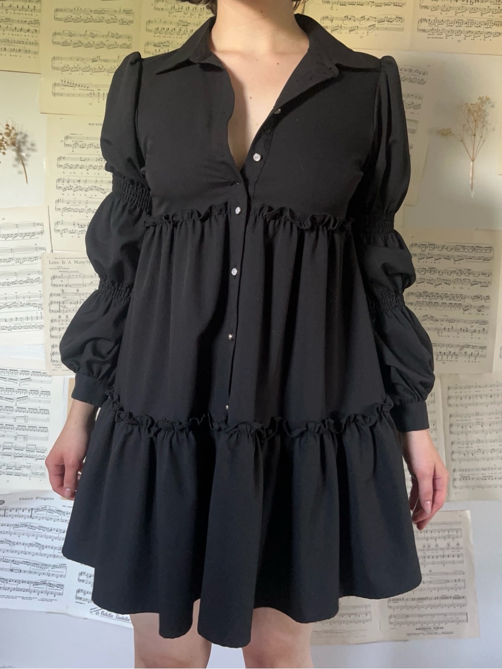 Black Tiered Button-Front Women's Dress